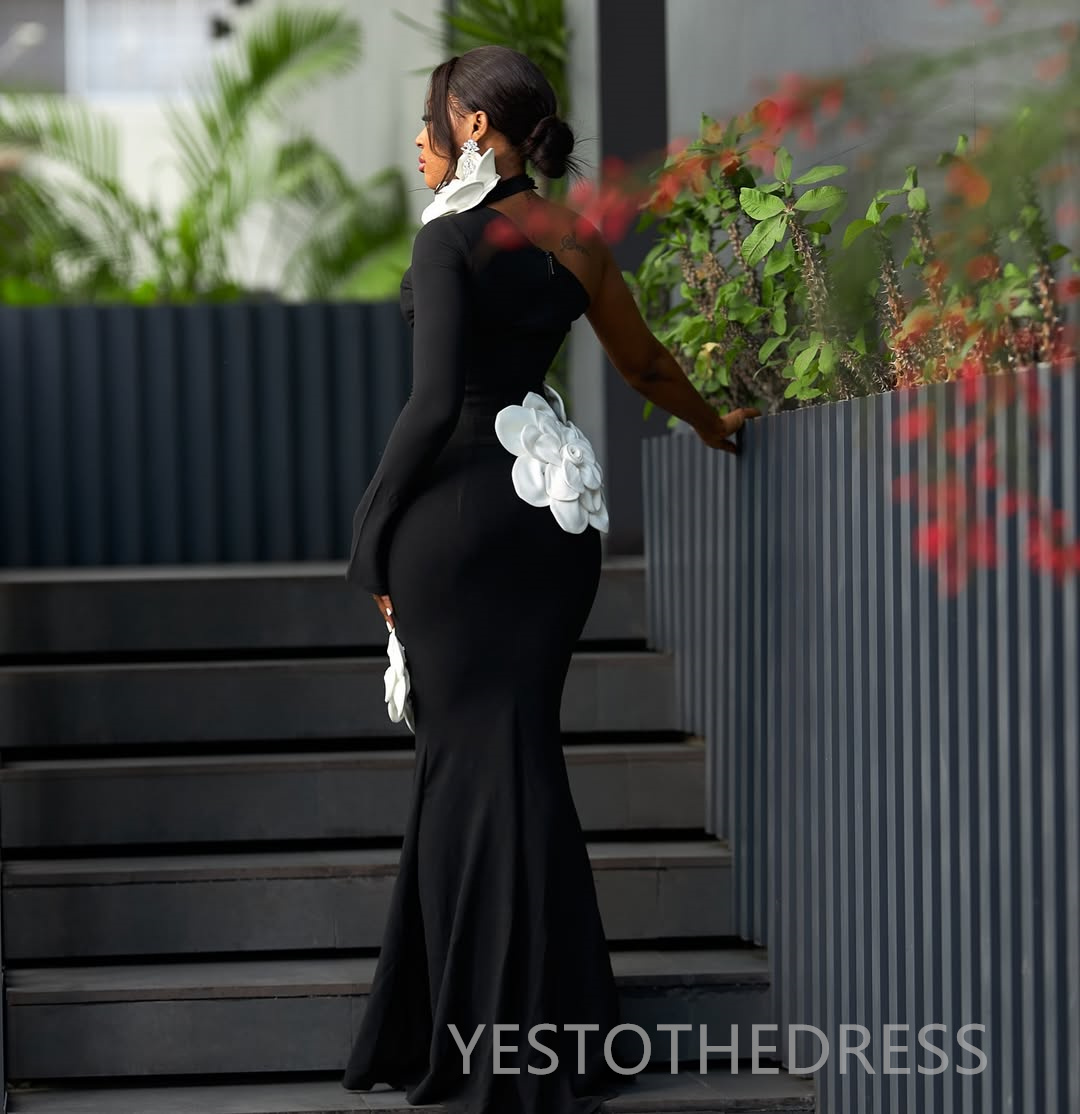 2025 African Black Aso Ebi Prom Dress African Mermaid Prom Dresses Evening Formal Gowns Hand Made Flowers One Shoulder Birthday Dress Second Reception
