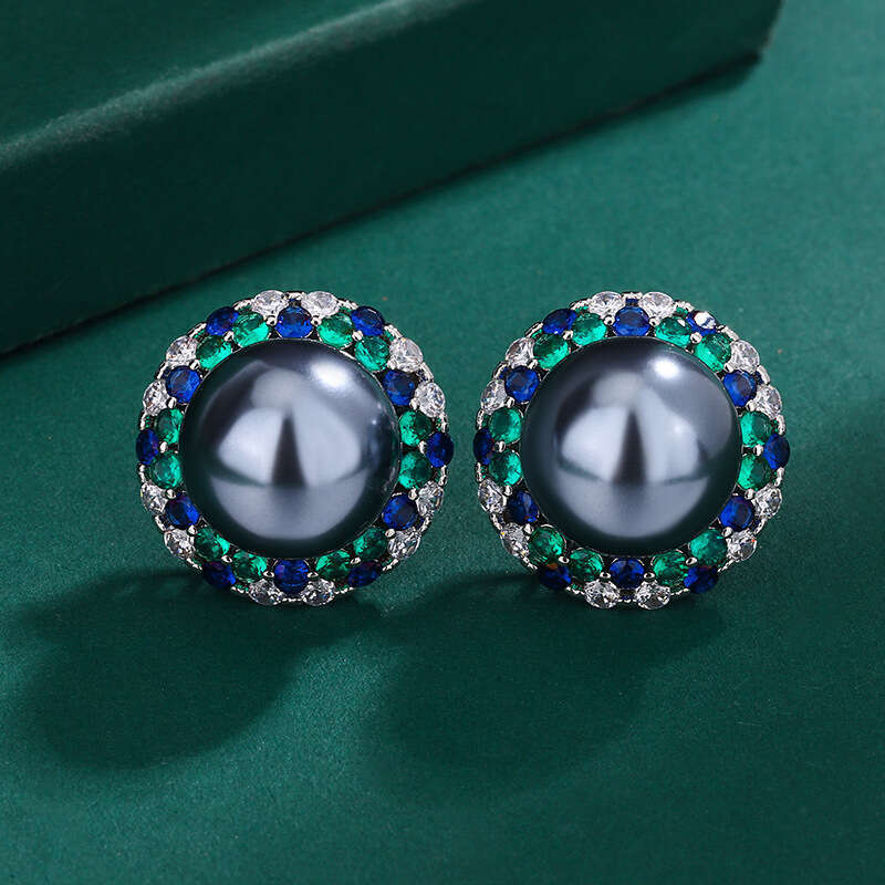 Three-Piece Set Australian Mother-Of-Pearl Necklace Sier Needle Tahitian Pearl Stud Earrings With Emerald Zircon Ring 691