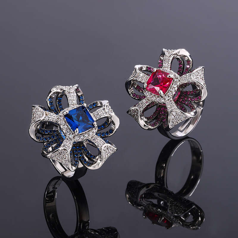 Red 3D Petal Full Diamond Blue Zircon Imitation Gemstone Ring 5Ba