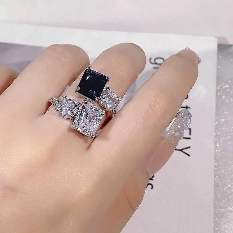 925 Silver Luxury High Carbon Diamond Ice Flower Cut Proposal Ring Female Square Dark Blue Zircon Party Birthday Jewelry Gift XJ250707