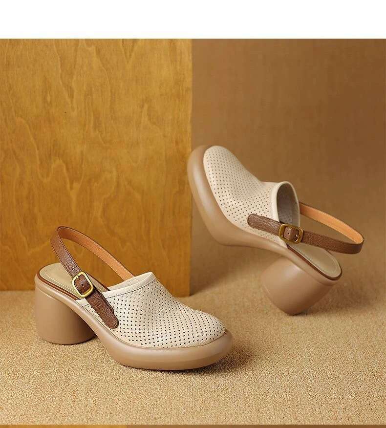 2025 Summer Peep-Toe Platform Thick-Soled Hollow Sandals with Chunky Heels, Round Toe, One-Strap Backless Roman Style Women's Shoes