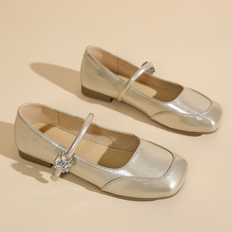 Silver Mary Jane for Women, Square Toe, French Single Strap, Chunky Heel, Elegant and Designer Gentle, Shallow Mouth, 2025 New Style, Flat Shoes