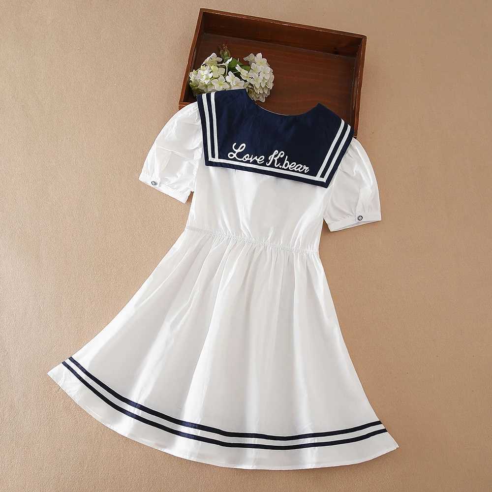 100% Cotton White Sailor Back to School Dress for Girls Suitable for 5-12 Years Old Girls Short Sleeve Summer Dresses R250707
