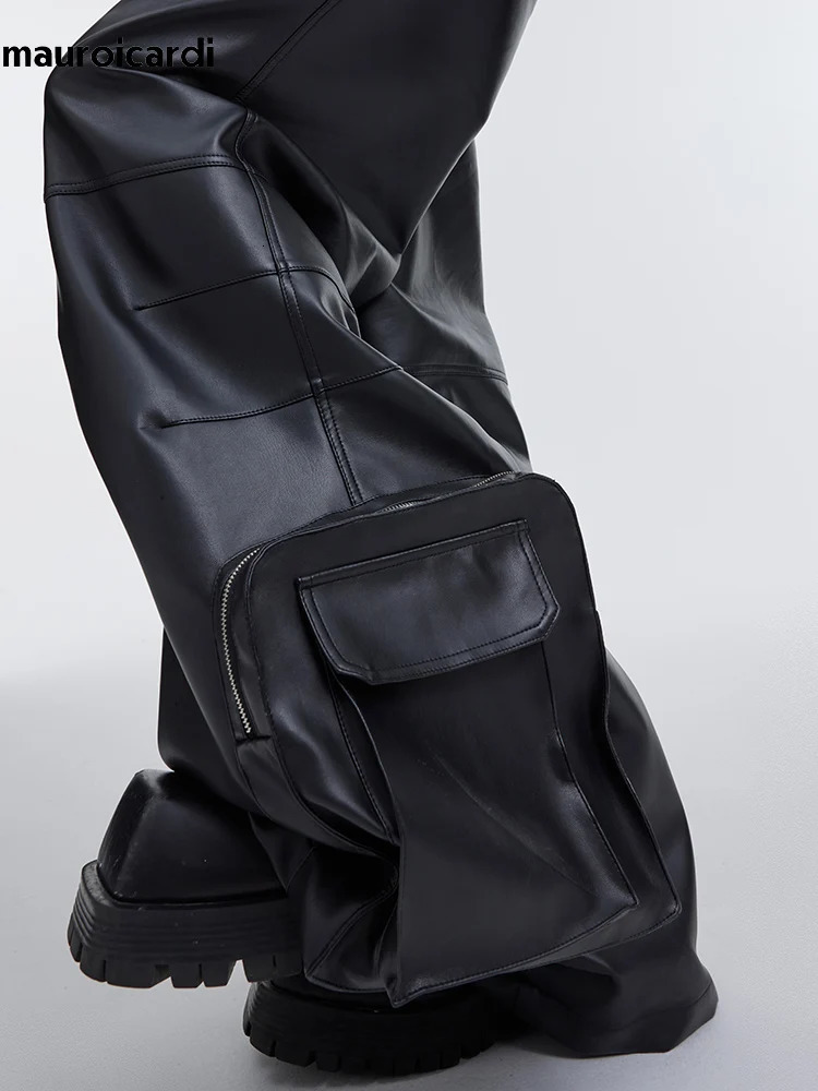 Mauroicardi Autumn Long Black Baggy Pu Leather Wide Leg Cargo Pants for Men Threedimensional Pockets Clothes 250704