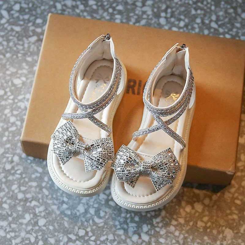 Girls Shiny Cool Rhinestone Bowknot Childrens Sandals 2023 Summer Open-Toe Versatile Kids Fashion Back Zipper Casual Shoes New R250707