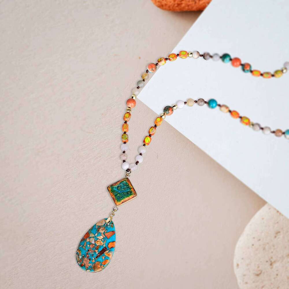 Bohemian Style Imperial Jasper Beaded with Teardrop Pendant Handmade Jewelry Necklace