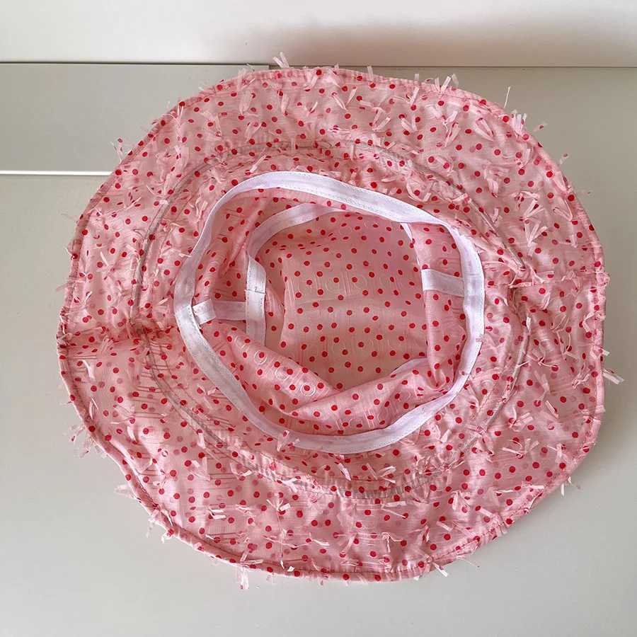 Niche Pink Polka Dot Mesh Bucket Hat Womens Spring and Summer Thin Sunscreen Sun Hat Korean Sweet Washbasin Hat Y250707