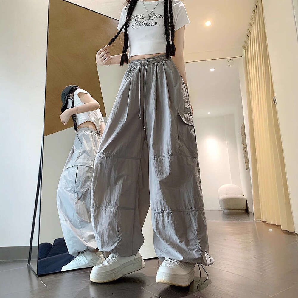 Plus Size American Style Cargo Wide-Leg For Women, Summer Thin Loose Slimming Drawstring Quick-Dry Casual Sports Straight Pants Trendy B5