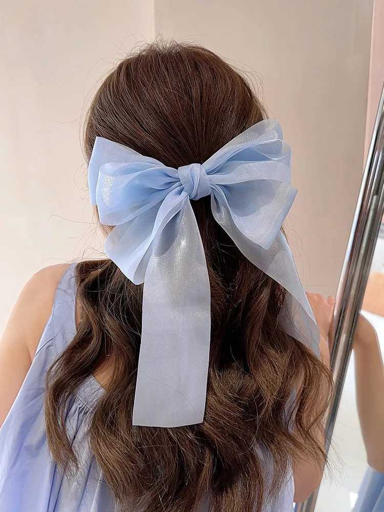 Sweet Blue Shining Satin Bowknot Hair Clip Big Ribbon Bow Barrette Solid Color Scarf Hairpin Ponytail Clip Hair Accessories Y250707