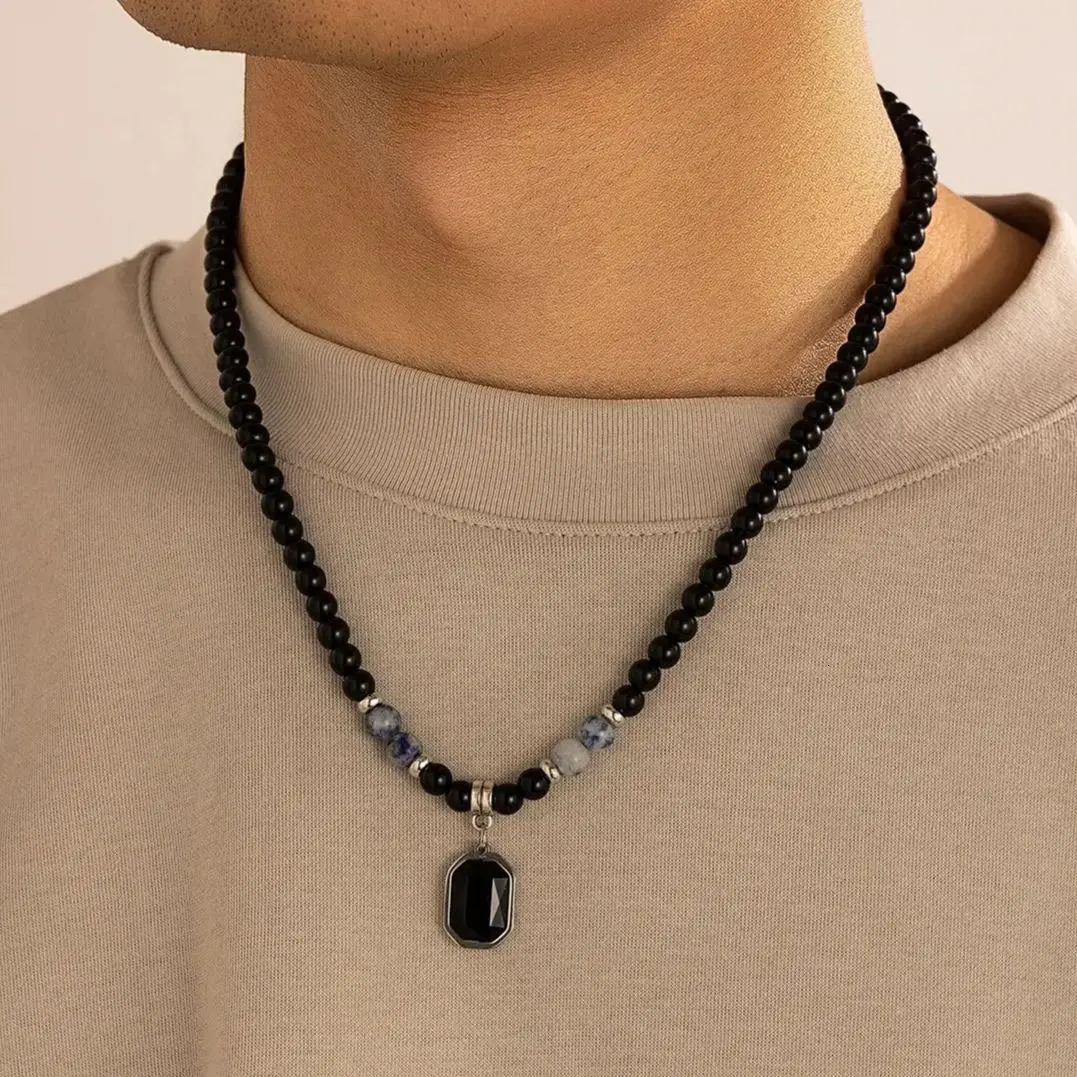 KunJoe Hip Hop Stainless Steel Square Pendant Necklace for Men Natural Tiger Eye Stone Acrylic Bead Strand Neck Jewelry 250704