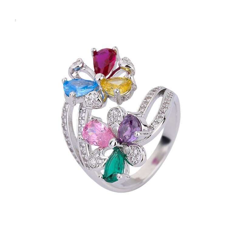 New Tiktok Ring Zircon Gemstone Red Corundum Flower Exaggerated Inlaid Open Women Bdf