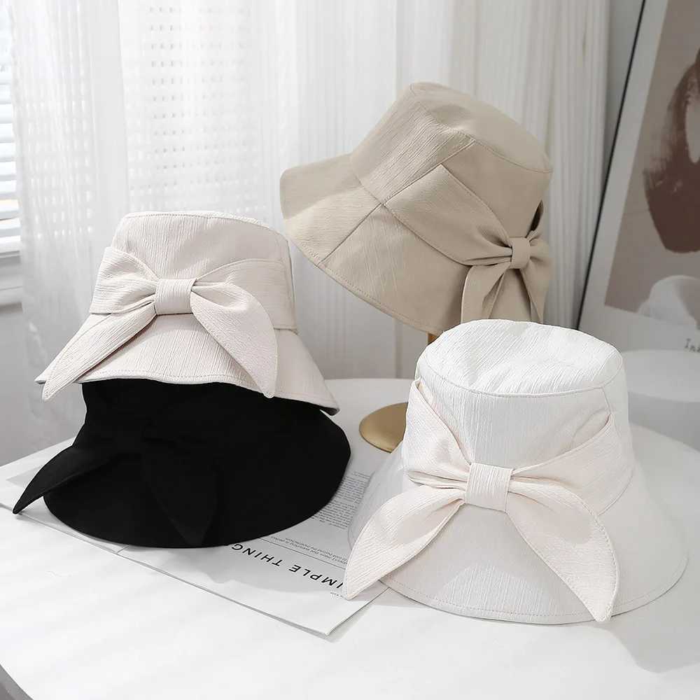 2025 New Womens Bucket Hat with Big Bow Spring Summer Hats for Women Korean Style Fashion Simple Fisherman Cap Travel Sunscreen Y250707