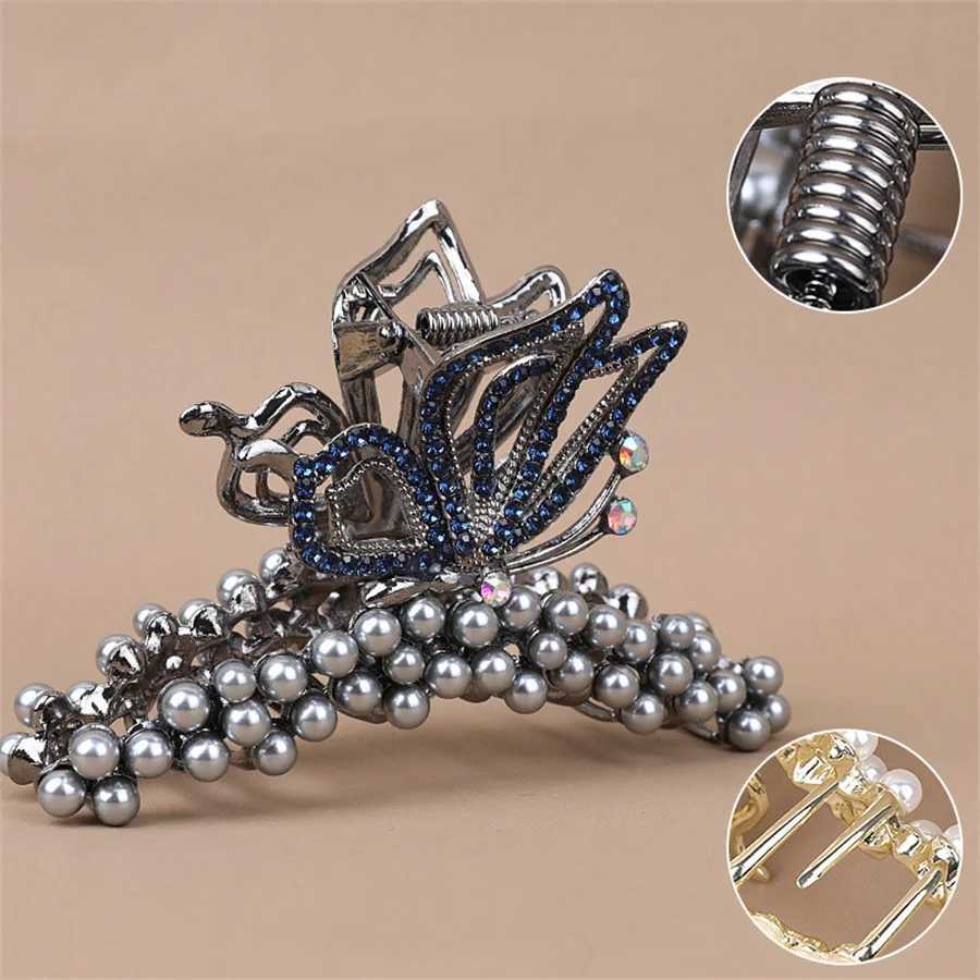 Fashionable pearl crystal butterfly clip womens high-end personalized shark clip large-size hair volume and hair accessories Z250707