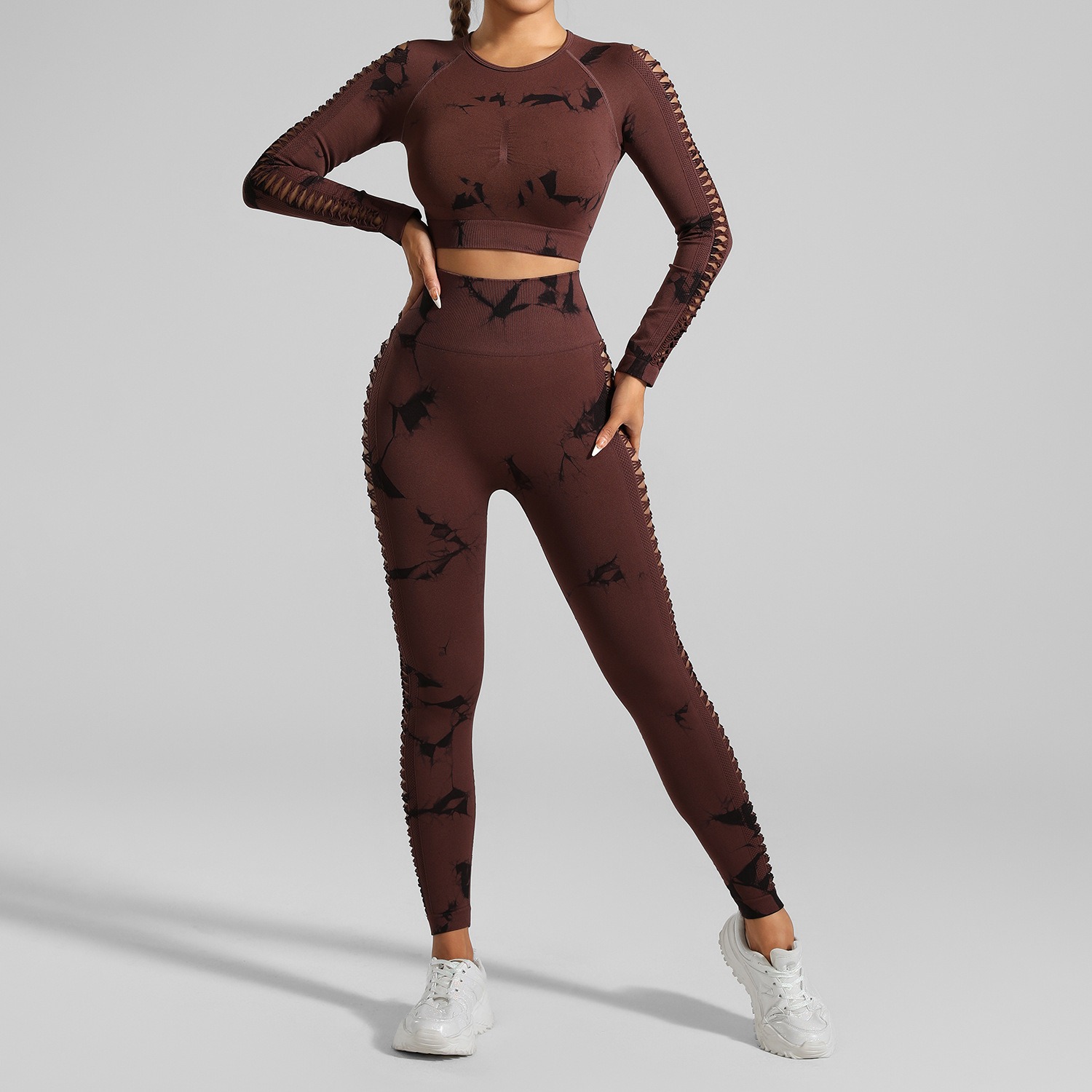 Women's Seamless Tie-Dye Yoga Set - Two-Piece Side-Cut Crop Top & Peach Bottoms Fitness Wear
