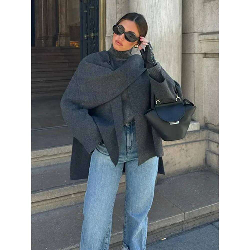 ZBZA Women's Asymmetric Scarf Knitted Jacket O-neck Single Button Side Slit Solid Loose Coat Winter New Female Chic Outerwear