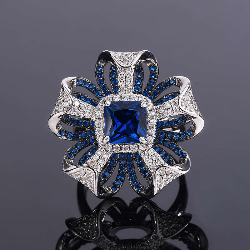 Red 3D Petal Full Diamond Blue Zircon Imitation Gemstone Ring 5Ba