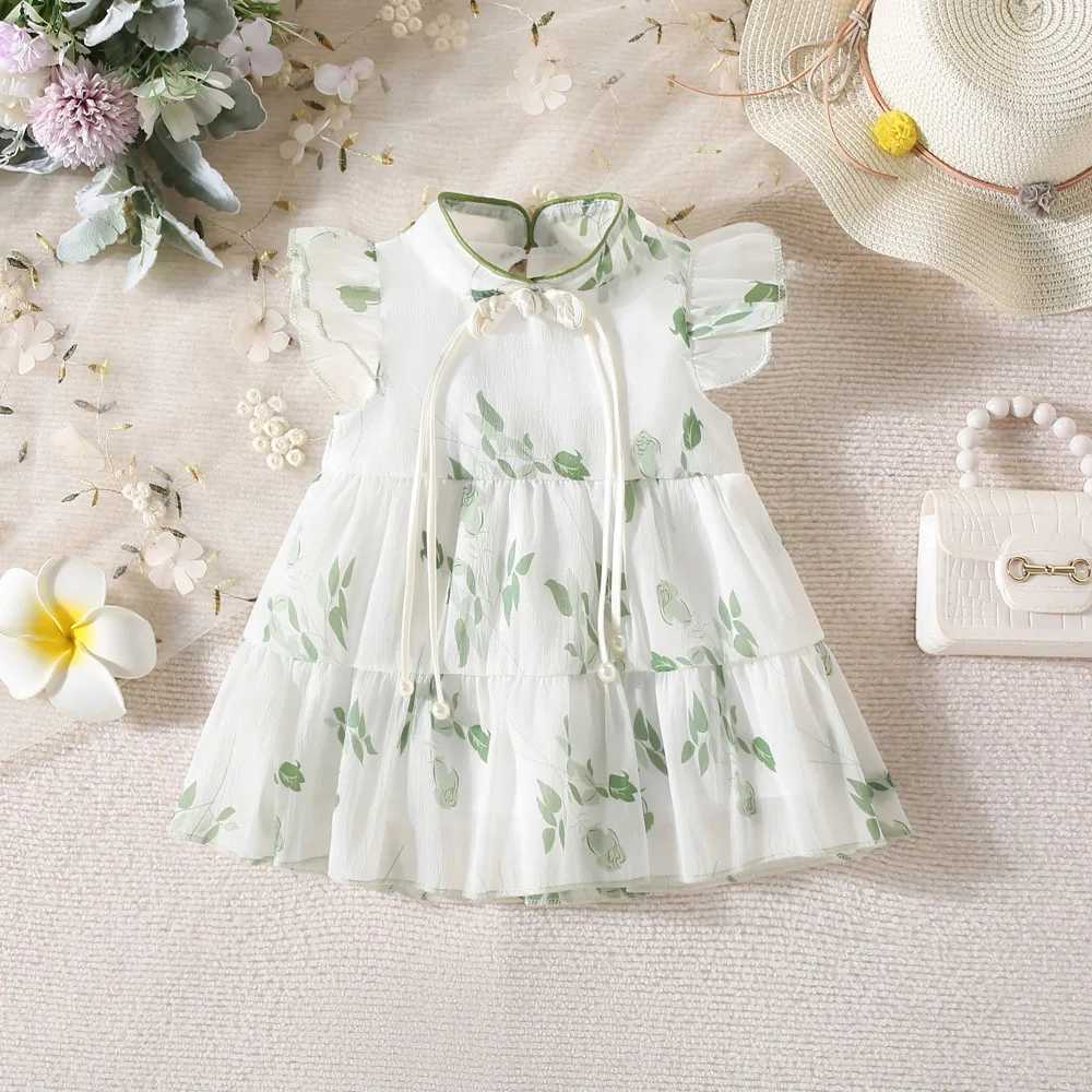 Summer New Girl Baby Dress Hand-painted Green Light and Thin Mesh Flower Small Flying Sleeves Chinese Sweet Princess Dress R250707
