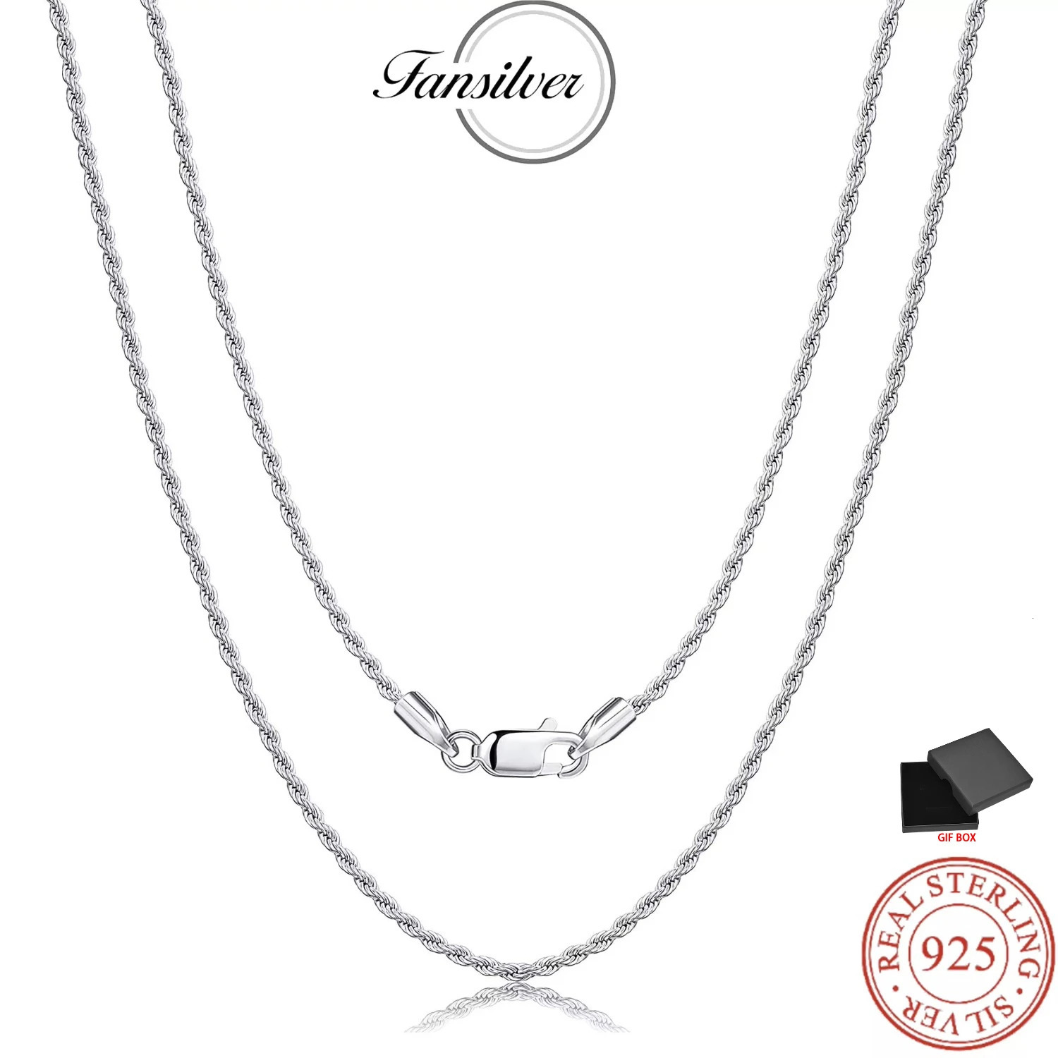 Fansilver 925 Sterling Silver Rope Chain Necklace for Women Men White Gold Plated Lobster Claw Clasp Sterling Silver Neck Chain 250702