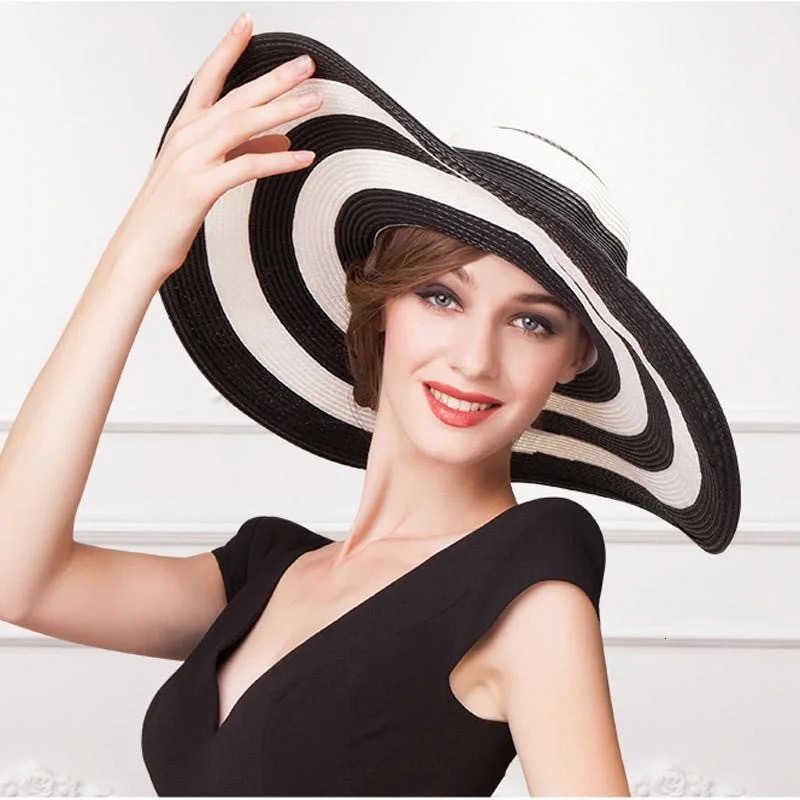 Womens Summer Beach Big Edge Korean Style Straw Hats Foldable Elegant Black and White Wide Brim Sun Protection Fascinator Caps 250707