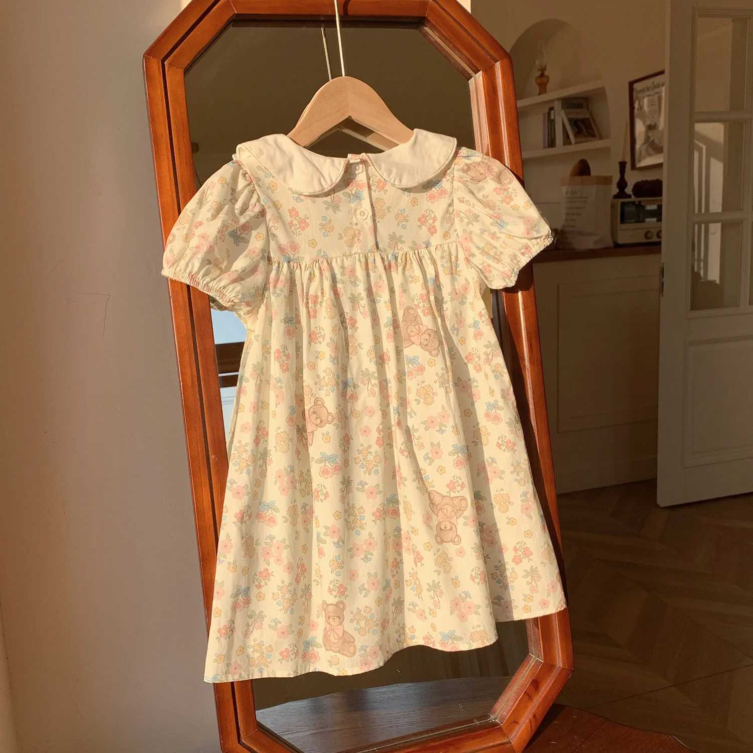 Little Bear Embroidered Short Sleeve Girls Dress 2025 Summer New Style Doll Collar Western Printed Children Dress R250707