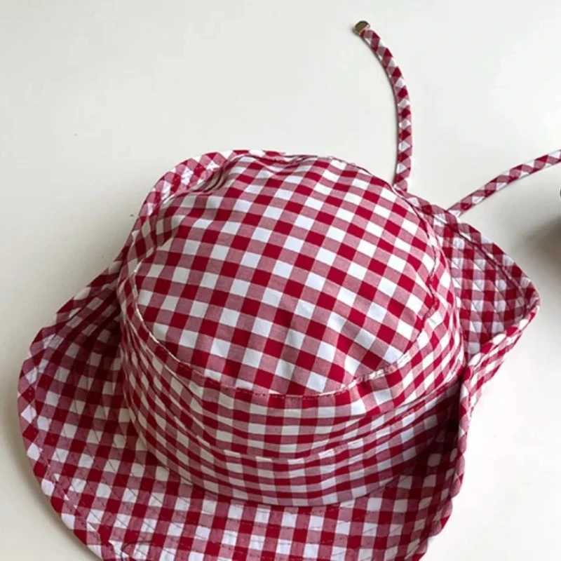 Vintage Plaid Bucket Hats Women Versatile Sweet Lace-up Fishermans Hat Summer Wide Brim Sun Protection UV Protection Sun Hat Y250707