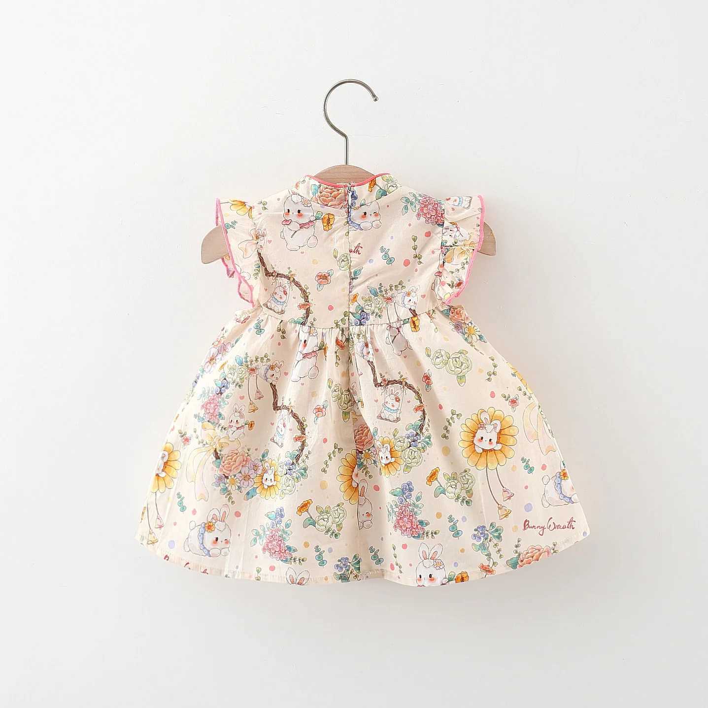 Summer Chinese Style Girls Dress Baby Girls Cartoon Bunny Flower Print Small Fly Sleeves Stand Collar Button Princess Dress R250707