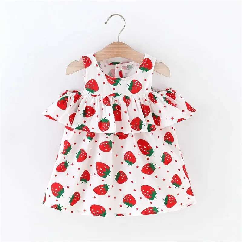 Summer New Girls Dress Strawberry Pattern Polka Dot Lace Pleated Round Neck Sweet Dress (0-3 Years Old Girls) R250707