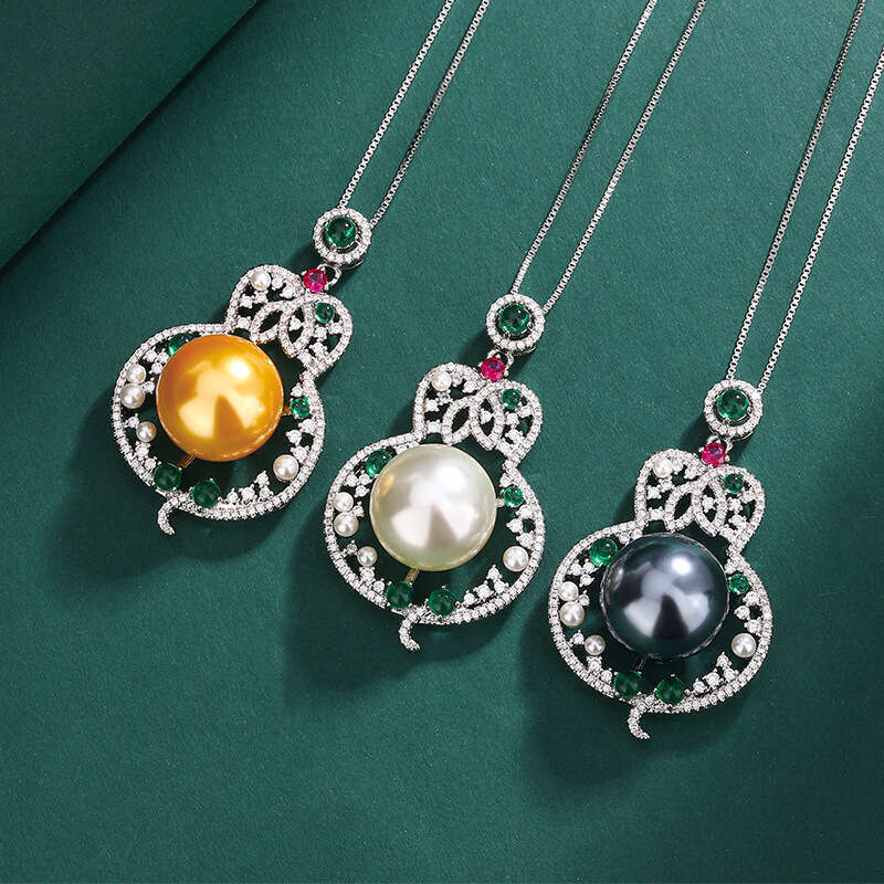 Fashion Red Gourd Pearl Necklace With Hollow Emerald Zircon Pendant For Women 393