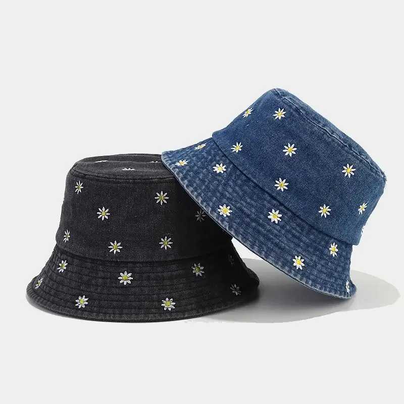 2024 Four Seasons Denim Flower Embroidery Bucket Hat Fisherman Hat Outdoor Travel Sun Cap for Men and Women Y250707