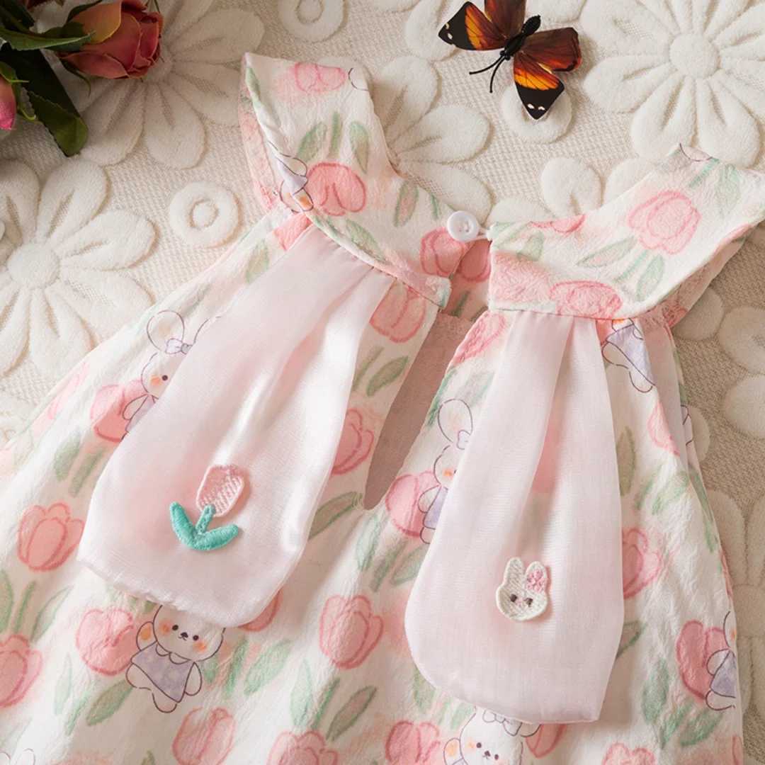Baby Girl Summer Dress Full Print Tulip And Cartoon Rabbit Pattern Round Neck Cute Casual Girl Dress R250707