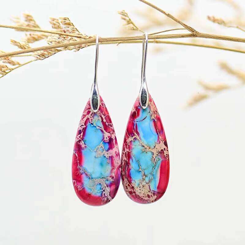 Natural Stone Red and Blue Matching Colorful Earrings Water Drop Studs - Shipped