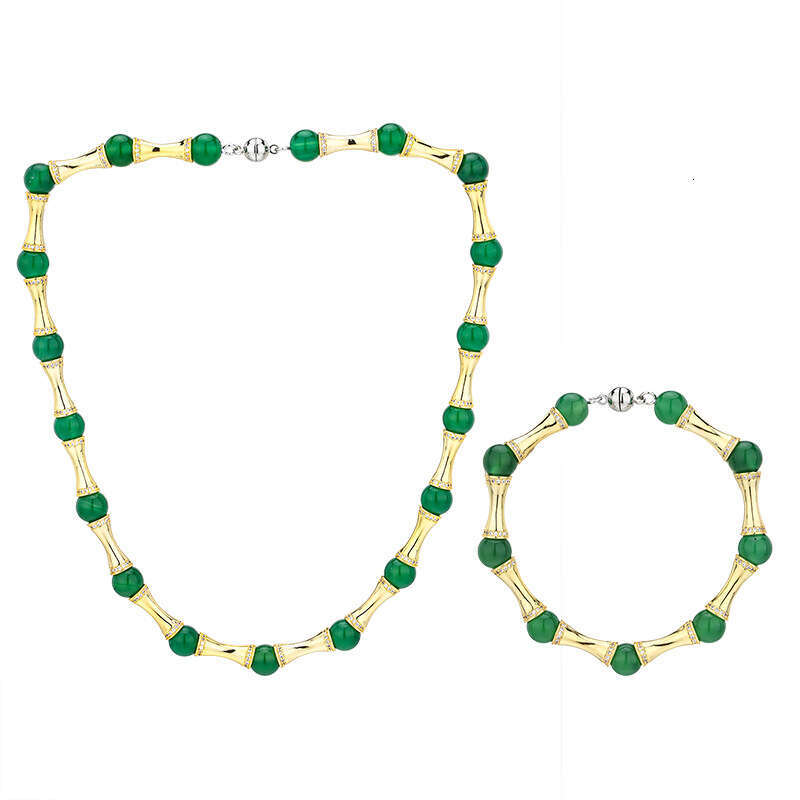 Chinese Style New Jewelry Set Bracelet Clavicle Chain Imitation Natural Green Chalcedony Beads High-End Women 3Fe