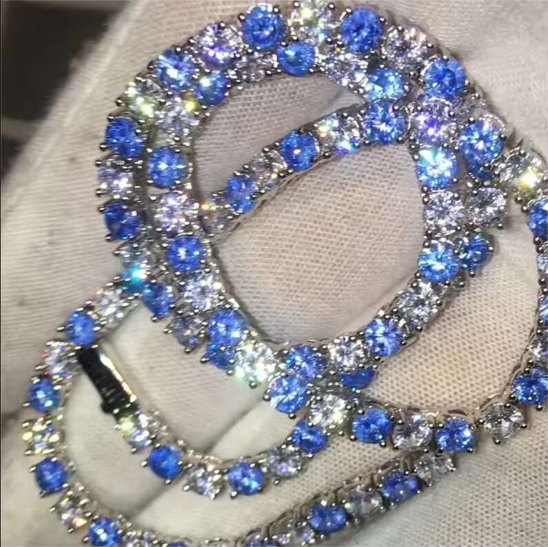 Hiphop Moissanite Chain Sparkling Bling Two Tone Iced Out 3mm/4mm/5mm Blue Moissanite Tennis Chain