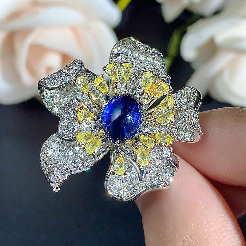 New Jewelry Set Decorations Blue Necklace Earrings Ring Petal Shape Fashion High-End Light Women 20A