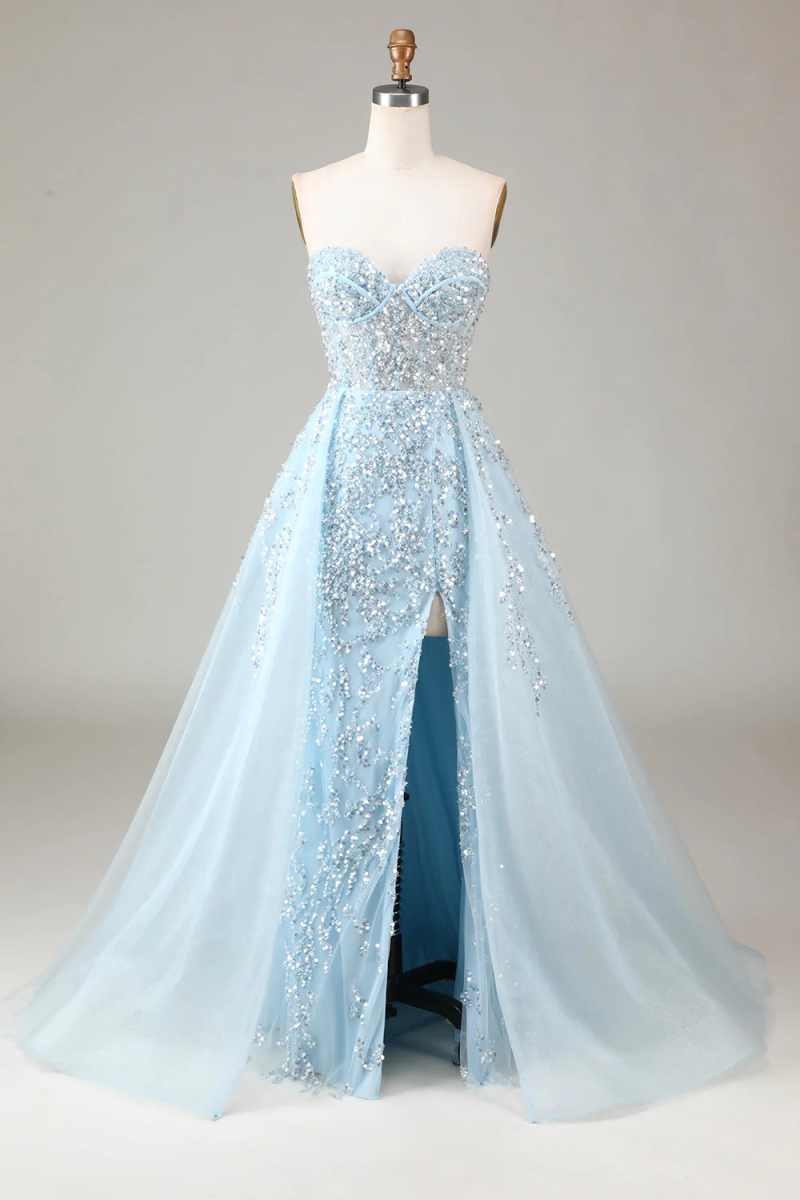 Simple Mermaid Evening Dress Strapless Sleeveless Beaded Sequins Prom Gowns Detachable Sweep Train Formal Dresses Customized