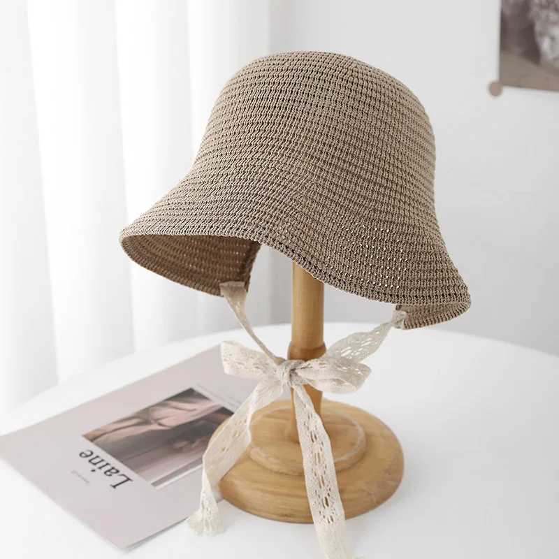 Japanese Minimalist Knit Bucket Hat For Women Wide Brim Sun Hat With Ribbon Beach Cap For Outdoor Travel City Casual Sunhat New Y250707