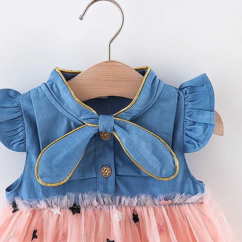 Summer New Girls Dress Small Flying Sleeve Bow Cowboy Work Pompous Past Polka Dot Color Sweet Princess (Girls 0-3 Years Old) R250707