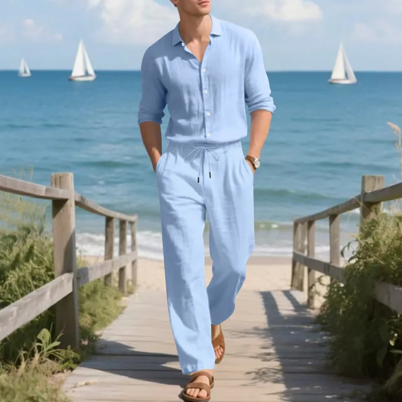 Vintage Solid Color Long Sleeve Outfits For Mens Spring Summer Casual Linen Shirt And Pants Men Two Piece Suits Fashion Sets 250707