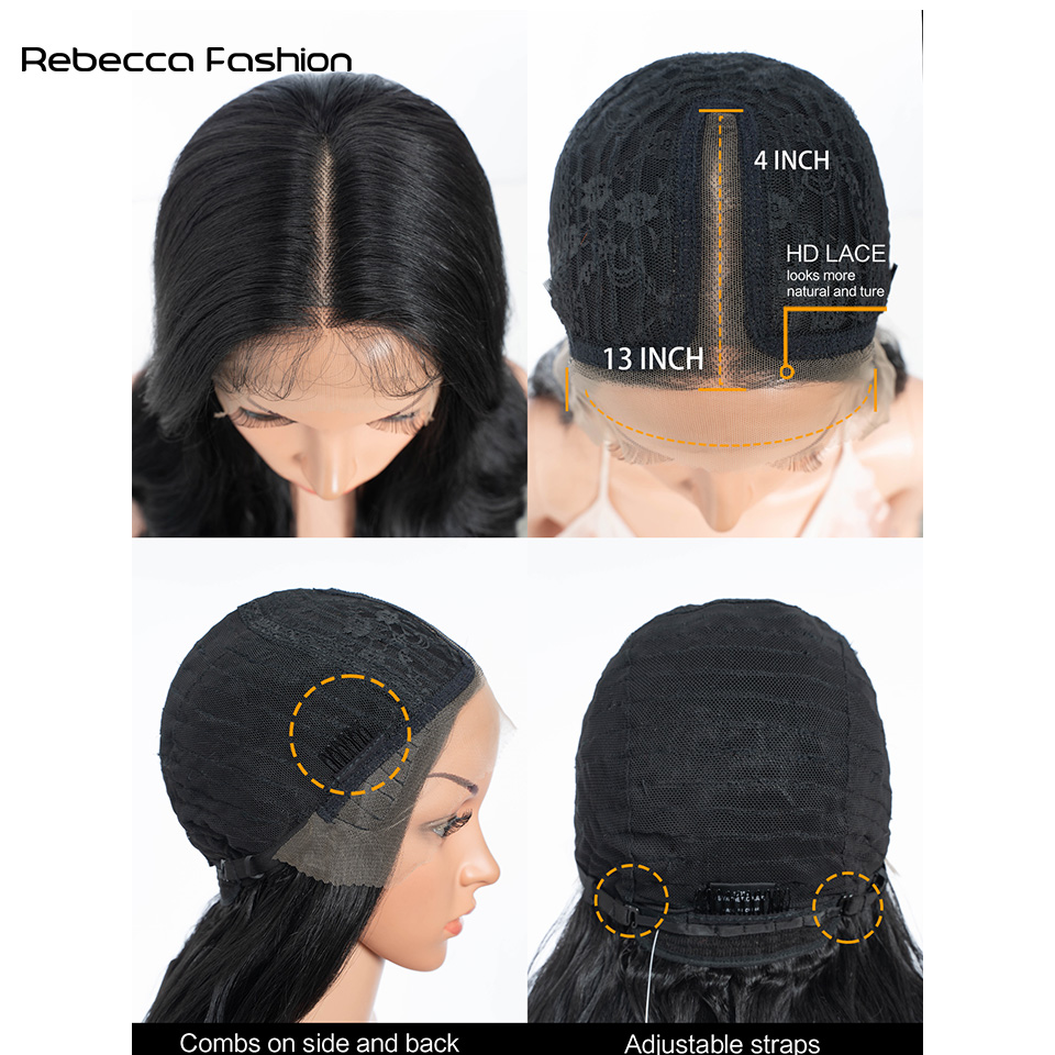 Rebecca Fashion Front High-definition T-Lace 28 Inch Synthetic High Temperature Fiber Resistant Body Wave 13*4*1 Lace Bangs Daily Party For Women