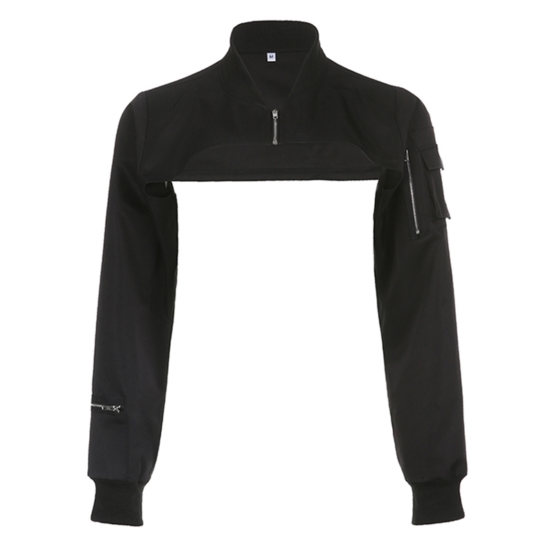 Zip Up Stand Collar Long Sleeve Black Cropped Jackets Women Pocket Safari Style Streetwear 250703