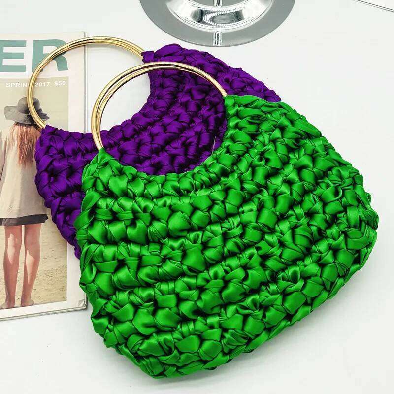 Fashion Nylon Crochet Handbag Metallic Round Handle Clutch Bag Handmade Silk Ribbon Woven Bags For Women Knitting Purses