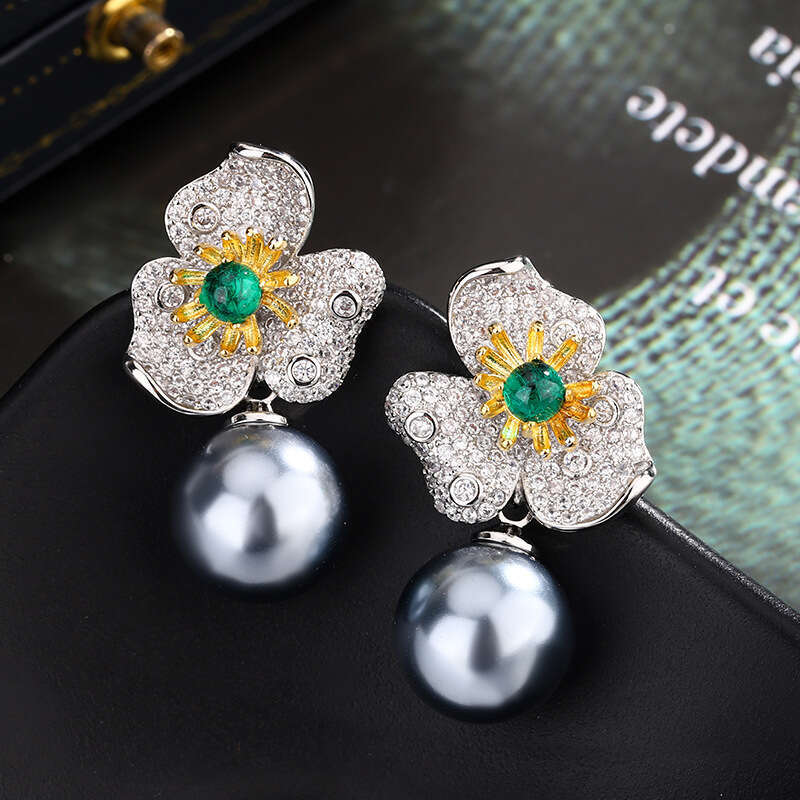 Autumn Winter New Set Flower-Shaped Gray Pearl Clavicle Chain S Sier Needle Earrings High-End Elegant Versatile Women's Style 01C