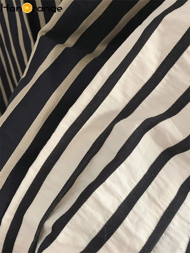 HanOrange Spring Autumn Vintage Striped Shirt Women Lapel Loose Lazy Comfortable Top Female White/Black 250616