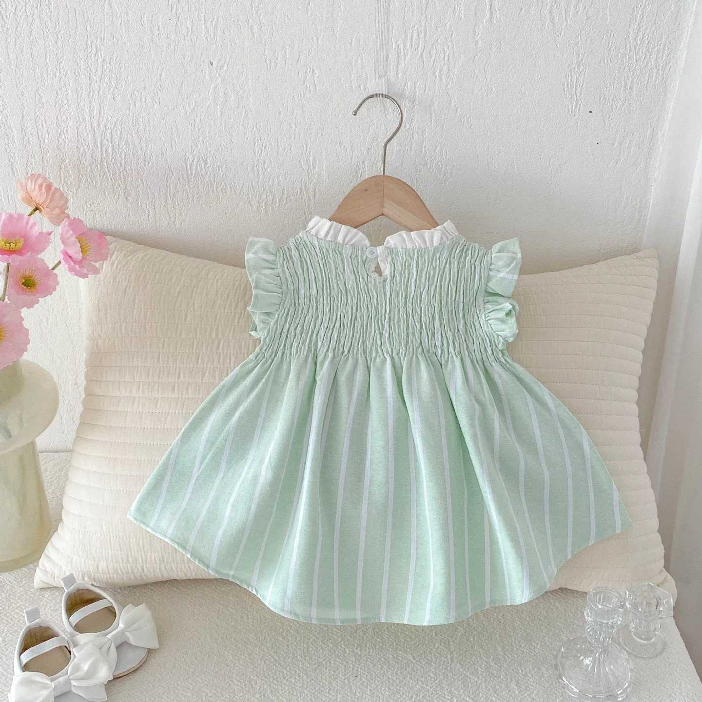 2025 Summer New Korean Style Fashionable Sweet Girls Light - Green Ruffled - Lace Sleeves - Cotton Princess Dress with Collar R250707
