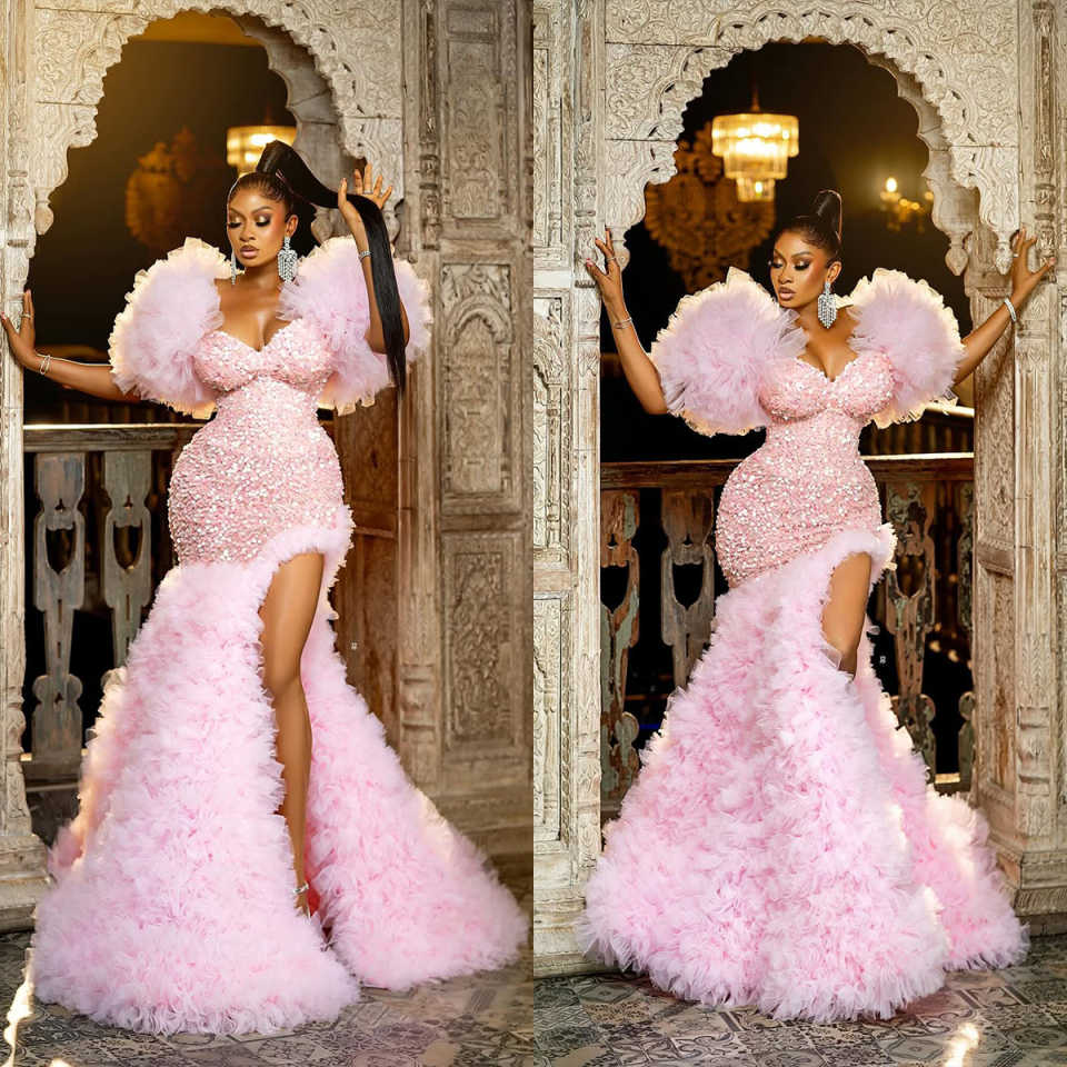 Exquisite Women Evening Dresses Sweetheart Neck Sleeveless Gown Sequins Ruffles Split Side Sweep Train Dress For Party Custom Made