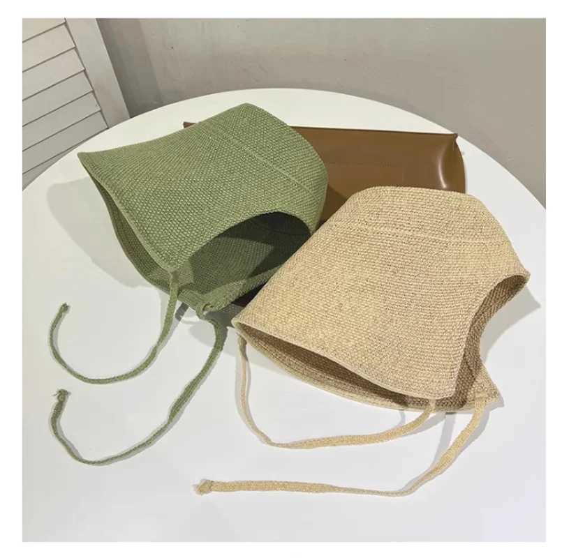 Summer Linen Bucket Hat Women With String Sun Hat Grass Women Korean Version Outdoor Beach Gig Eve Riding Panama Fisherman Hat Y250707