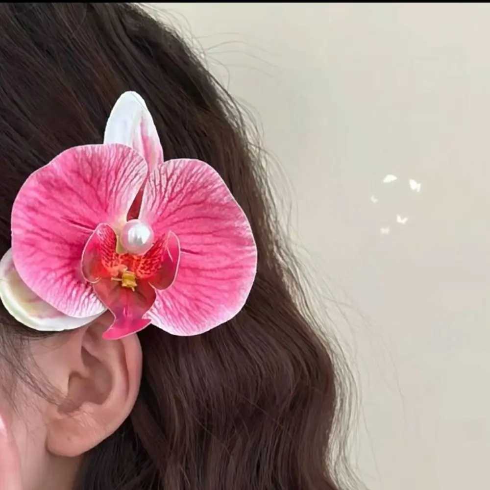Orchid Butterfly Bow Flower Hair Clips Silk Flower Hairpin Phalaenopsis Pearl Duckbill Clip Hair Accessories for Vacation Photos Y250707