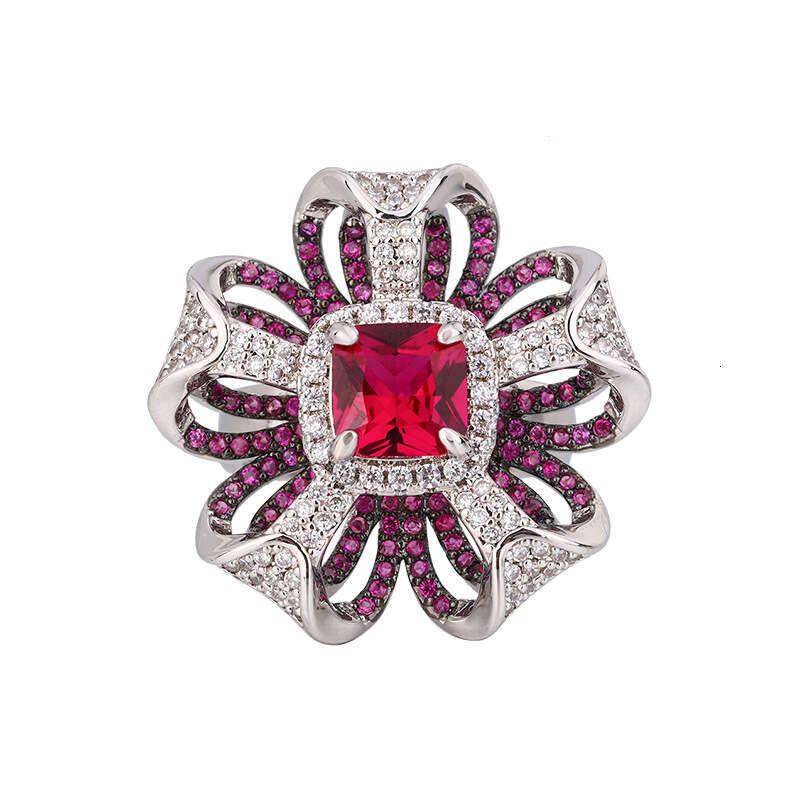 Red 3D Petal Full Diamond Blue Zircon Imitation Gemstone Ring 5Ba
