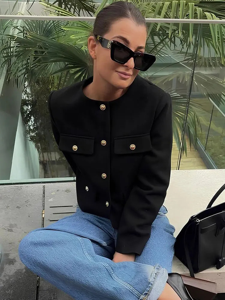 TRAFZA Women Elegant Cropped Jacket Womens Fashion Jacket O-Neck Long Sleeved Flip Pocket Coat Female Casual Outwear Tops 250707