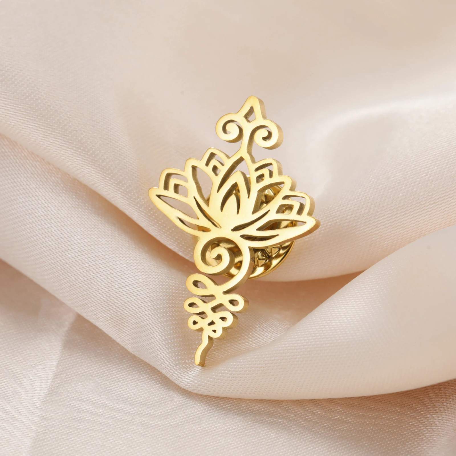 Teamer Unalome Lotus Brooch For Women Girls Stainless Steel Gold Color Badge Lapel Pin Yoga Buddhism Spiritual Accessories Gift 250625